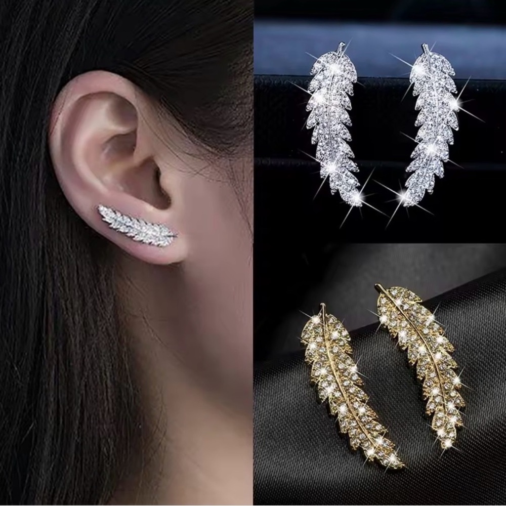 2pc Bundle of Silver & Gold Feather / Leaf Earrings Full of Shiny Crystals E23